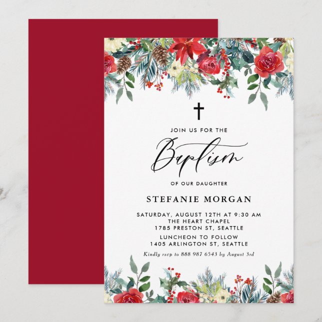 Invitación Acuarela Festiva Floral Garland Baptismo Invierno (Anverso / Reverso)