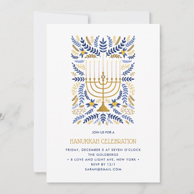 Invitación Acuarela festiva Menorah Floral Hanukkah FIESTA (Anverso)