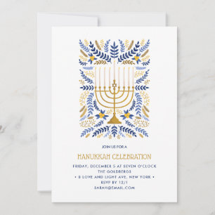 Invitación Acuarela festiva Menorah Floral Hanukkah FIESTA