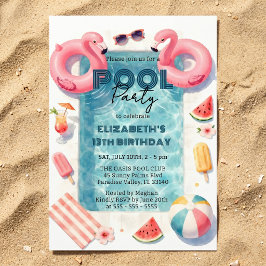 Invitación Acuarela Flamenco Rosa Fiesta de Verano para Adole