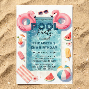 Invitación Acuarela Flamenco Rosa Fiesta de Verano para Adole