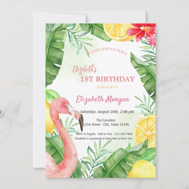 Invitación Acuarela Flamingo de Verano Primer Cumpleaños (Anverso)