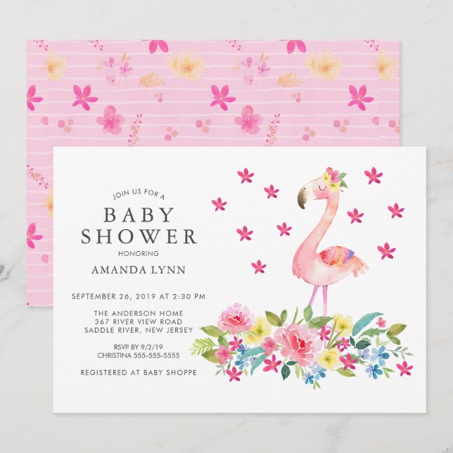 Invitación Acuarela Flamingo Rosa Floral Bebé Chica Ducha (Anverso / Reverso)