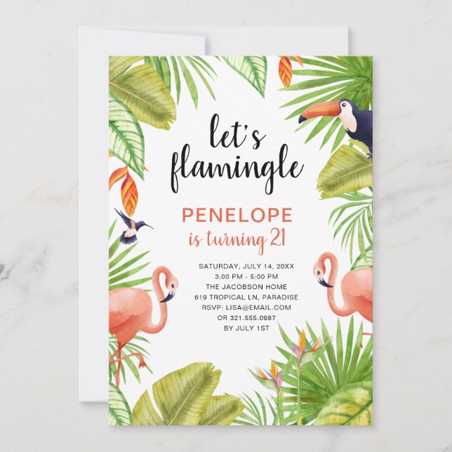 Invitación Acuarela Flamingo Tropical Cumpleaños 21 (Anverso)