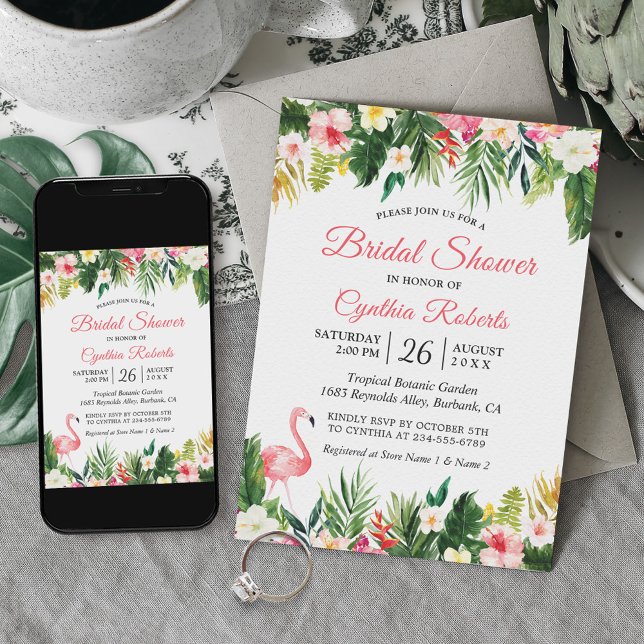 Invitación Acuarela Flamingo Tropical Floral Brigada (Subido por el creador)
