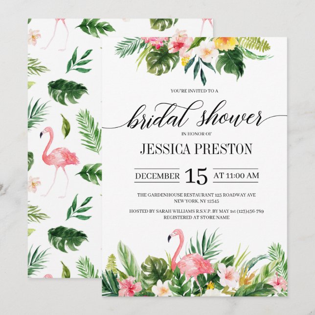 Invitación Acuarela Flamingo Tropical Floral Brigada (Anverso / Reverso)