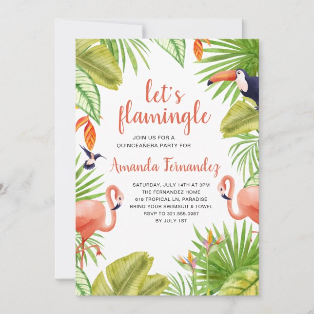 Invitación Acuarela Flamingo Tropical Quinceañera (Anverso)