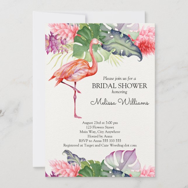 Invitación Acuarela Flamingo Verano tropical Ducha de novias (Anverso)