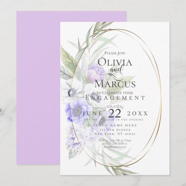 Invitación Acuarela Flor de Anémona Violeta Marco Ovalado (Anverso / Reverso)