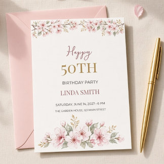 Invitación Acuarela Flor de Cerezo Cumpleaños 50