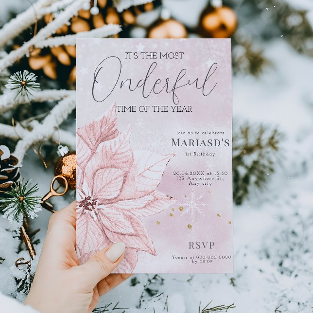 Invitación acuarela Flor de Navidades rosados 1er cumpleaños (Subido por el creador)