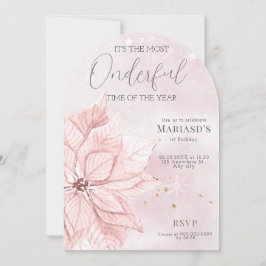 Invitación acuarela Flor de Navidades rosados 1er cumpleaños