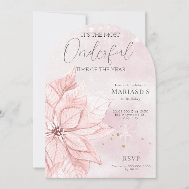 Invitación acuarela Flor de Navidades rosados 1er cumpleaños (Anverso)