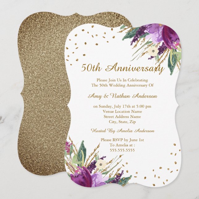 Invitación Acuarela Flor de Oro Púrpura 50 Aniversario (Anverso / Reverso)