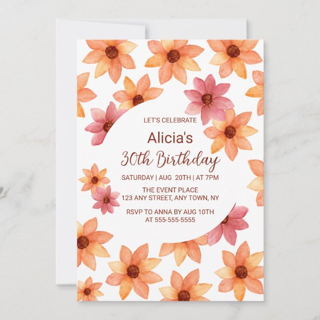 Invitación Acuarela Flor de otoño cualquier cumpleaños de eda (Anverso)