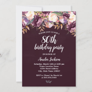 Invitación Acuarela Flor de Púrpura Cumpleaños 80