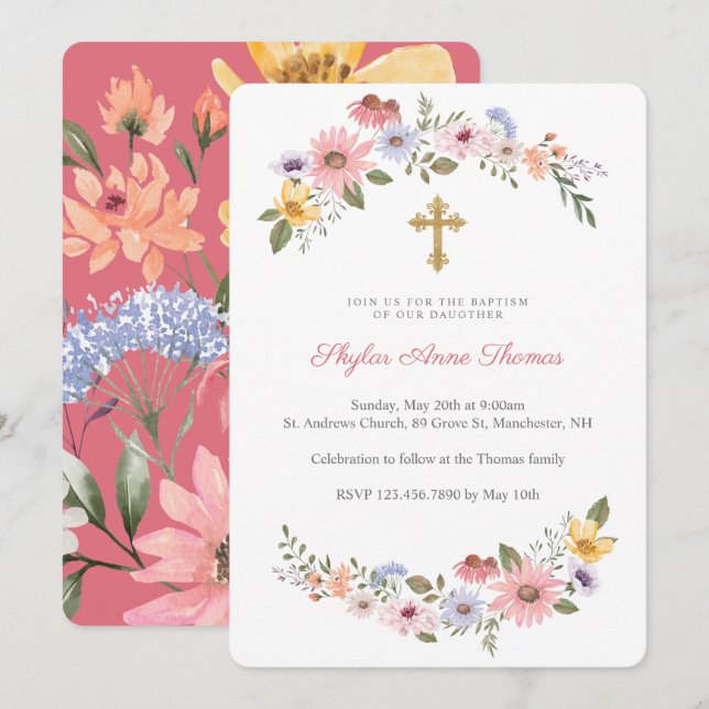Invitación Acuarela Flor Flor Floral Baptismo de flor (Anverso / Reverso)
