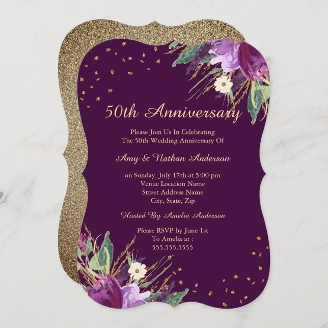 Invitación Acuarela Flor Púrpura Dorada 50 Aniversario (Anverso / Reverso)