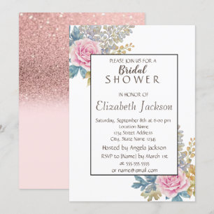 Invitación Acuarela Flor, Regadera de Boda con Brillo