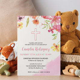 Invitación Acuarela Flor Rosa Bebé Baptismo