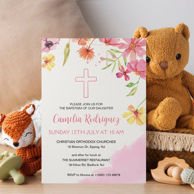Invitación Acuarela Flor Rosa Bebé Baptismo (Subido por el creador)