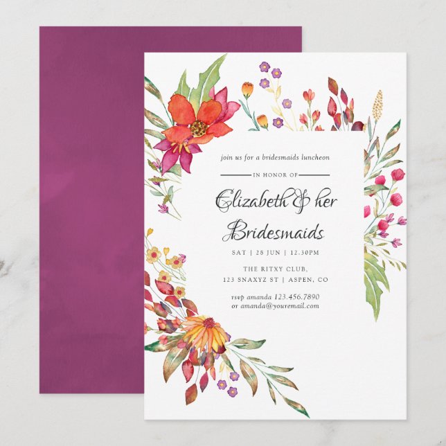 Invitación Acuarela Flor salvaje Novias de Novias Luncheon (Anverso / Reverso)