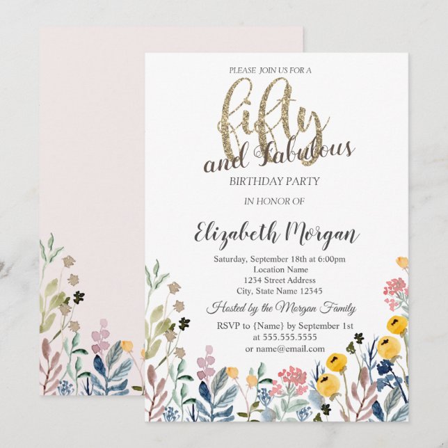 Invitación Acuarela Flor silvestre Meadow cumpleaños 50 (Anverso / Reverso)