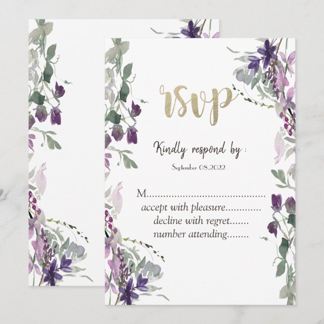 Invitación Acuarela Flor Silvestre Violeta RSVP (Anverso / Reverso)