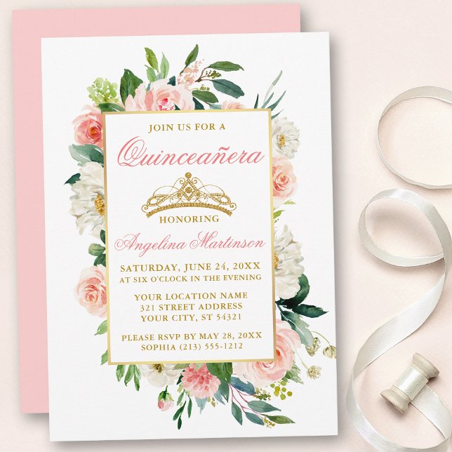Invitación Acuarela Flora Blanca Rosa Dorada Quinceanera (Customize to change text color, style, add text & photos to back or change color of back of card.)
