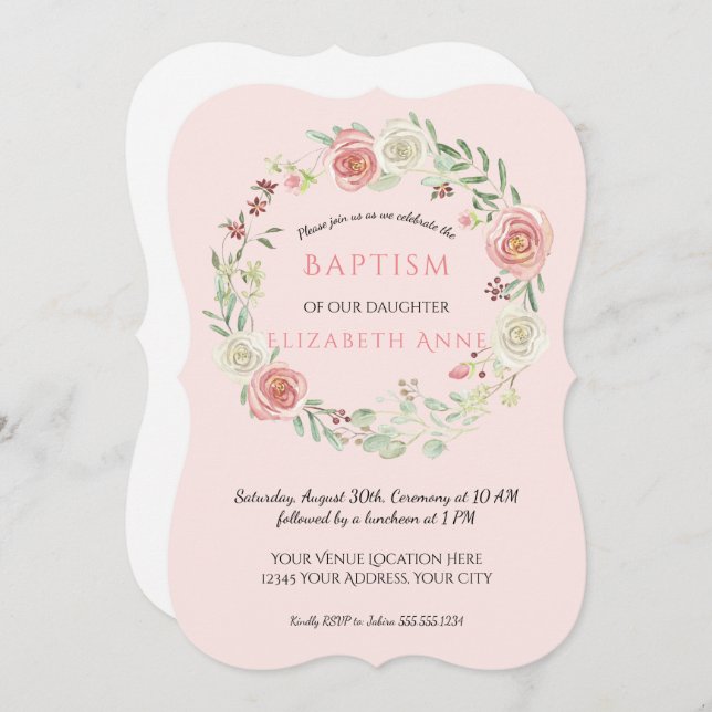 Invitación Acuarela Flora Rosa Baptismo Bebé Niña (Anverso / Reverso)