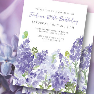 Invitación Acuarela Floral 100 Cumpleaños Elegantes Lilas
