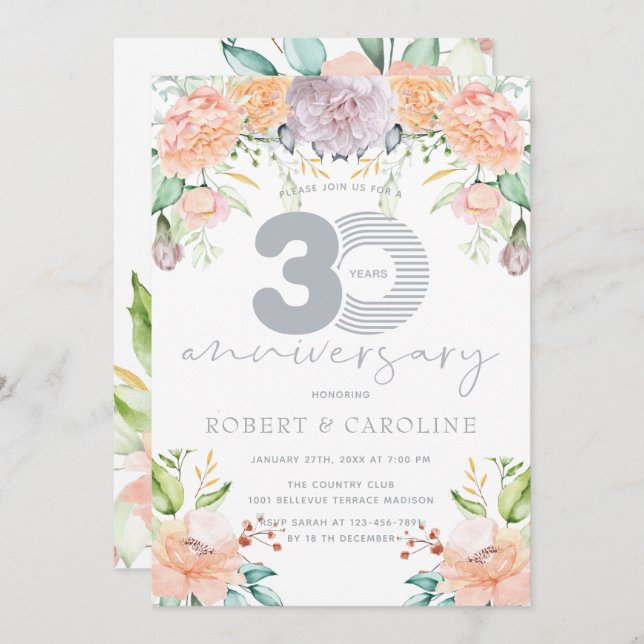 Invitación Acuarela floral 30 aniversario de bodas (Anverso / Reverso)