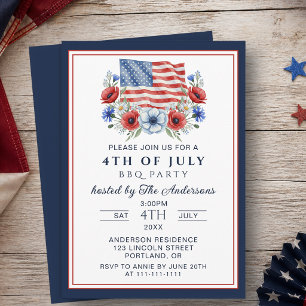 Invitación Acuarela floral 4 de julio BBQ USA Patriótico