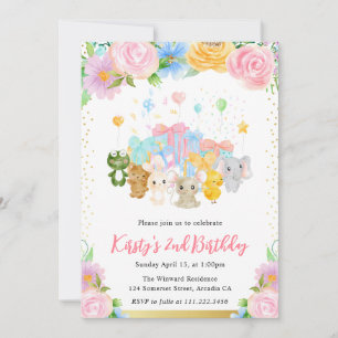 Invitación Acuarela Floral Amigos Animales Lindos Cumpleaños