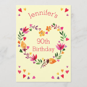Invitación Acuarela Floral Amor Corazón Wreath 90 cumpleaños