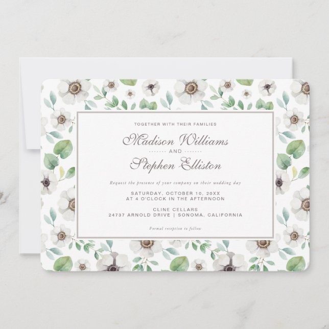 Invitación Acuarela floral | Anémona blanca - Boda (Anverso)