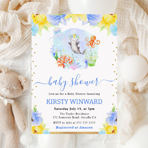 Invitación Acuarela Floral Animales Subacuáticos Baby Shower