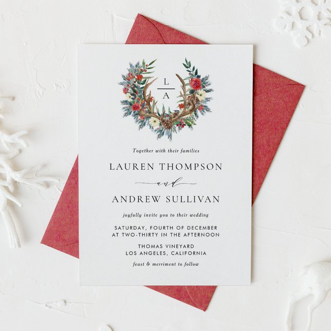 Invitación Acuarela Floral Antler Wreath Monograma Boda (Watercolor Floral Antler Wreath Monogram Christmas Wedding Invitation)