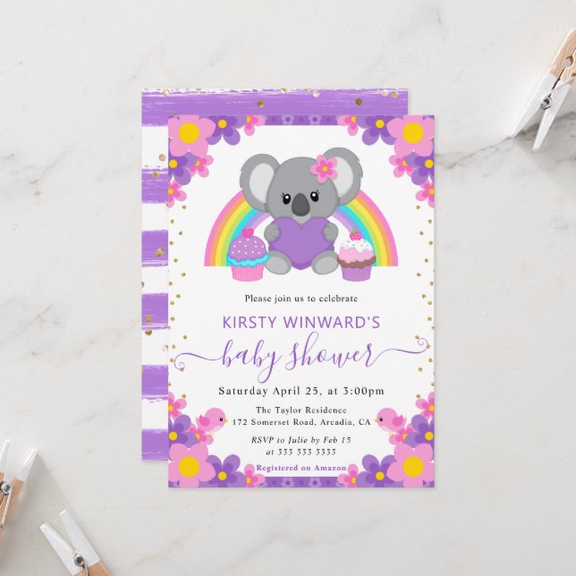 Invitación Acuarela Floral Arcoíris Koala Baby Shower (Anverso/Reverso In Situ)