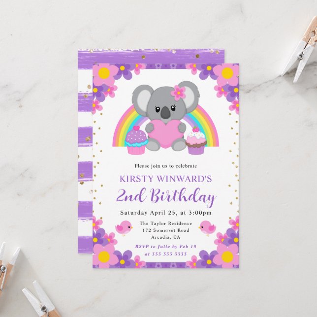 Invitación Acuarela Floral Arcoiris Koala cumpleaños (Anverso/Reverso In Situ)