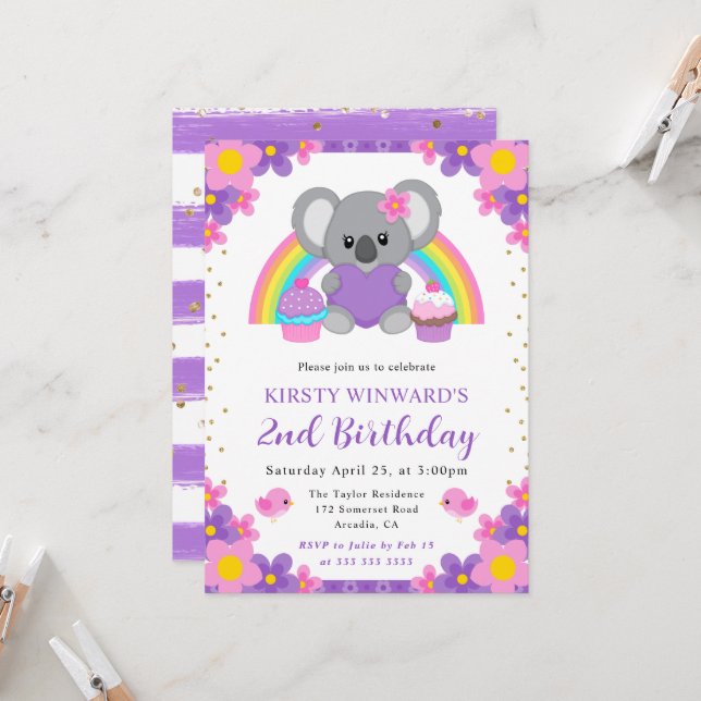 Invitación Acuarela Floral Arcoíris Koala Cumpleaños (Anverso/Reverso In Situ)