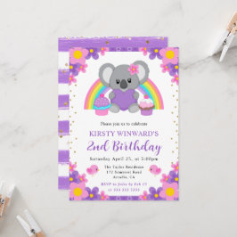 Invitación Acuarela Floral Arcoíris Koala Cumpleaños