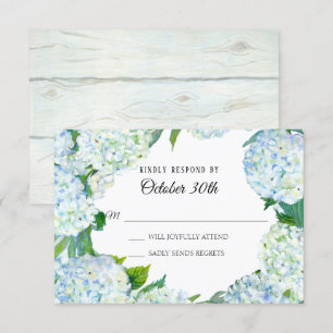 Invitación Acuarela Floral Azul Blanco Hortensia Madera Rústi