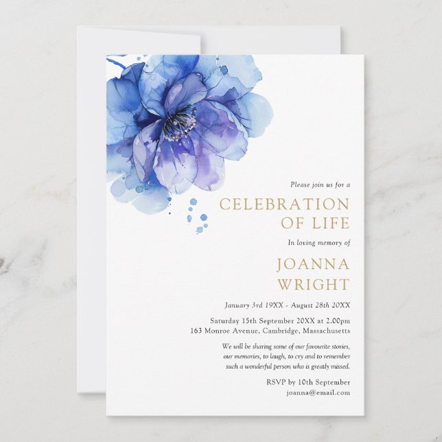 Invitación Acuarela Floral Azul Celebración Del Funeral De La (Anverso)