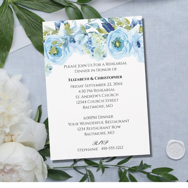 Invitación Acuarela Floral Azul Elegante ensayo de matrimonio (Subido por el creador)