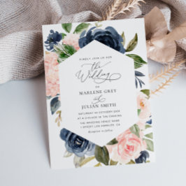 Invitación acuarela floral azul marino y boda rubio