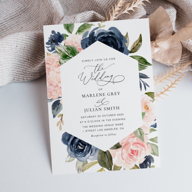 Invitación acuarela floral azul marino y boda rubio (Subido por el creador)