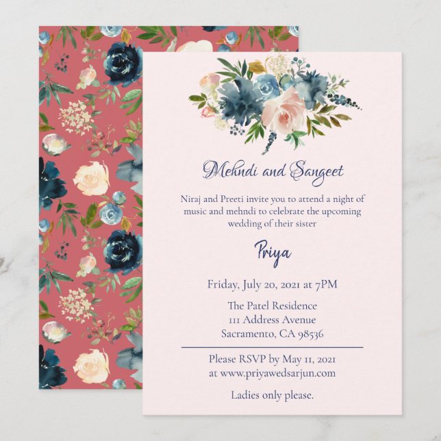 Invitación Acuarela Floral Azul Mehndi Sangeet Garba Invitado (Anverso / Reverso)