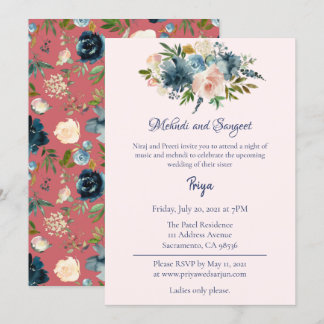 Invitación Acuarela Floral Azul Mehndi Sangeet Garba Invitado