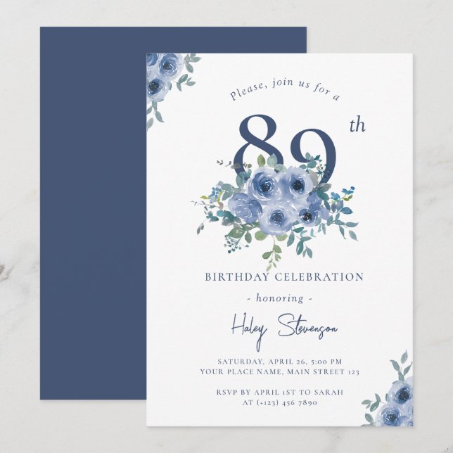 Invitación Acuarela Floral Azul Polvo 89 Cumpleaños Chic (Anverso / Reverso)